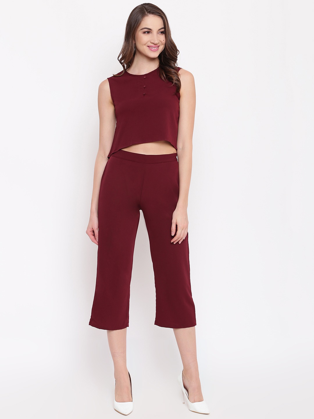 Women Maroon Solid Top With Capris My Collections